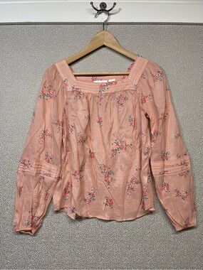 XS LC Lauren Conrad Women's Peach Floral Square-Neck Gingham Print Blouse
